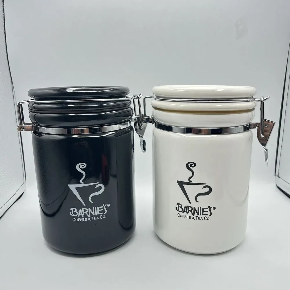 Barnie's Coffee & Tea Co. White Black Ceramic Canister Jar Set Of 2 - No Spoons